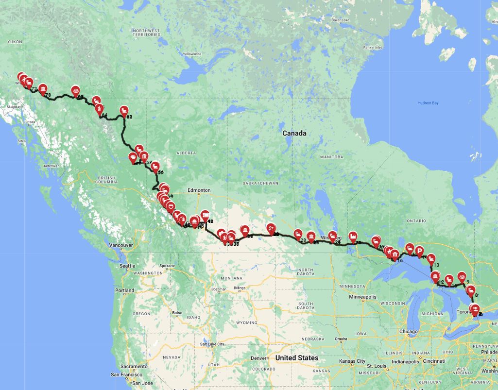 Map for Toronto to Whitehorse - Great Canadian Adventure